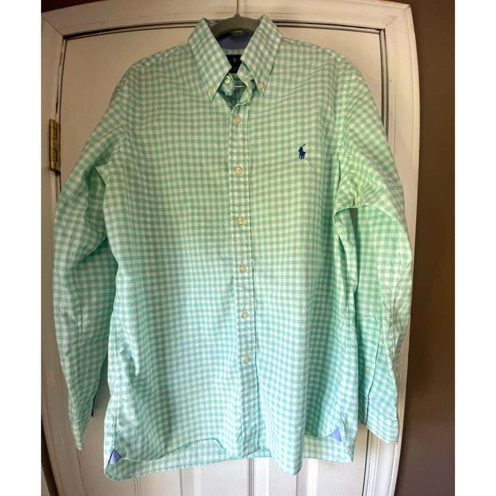 Ralph Lauren Green/White Check LS Button-Up Shirt M Stretch Embroidered